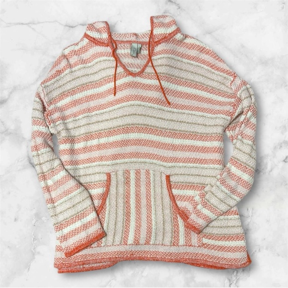 sahalie Sweaters - Sahalie Striped Orange and Cream Women's Baja knit Sweater hoodie